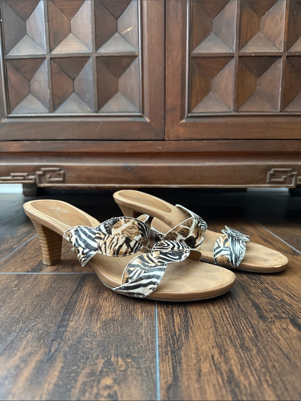 A2 By Aerosoles Animal-Print Heeled Slide Sandals in Black and Tan